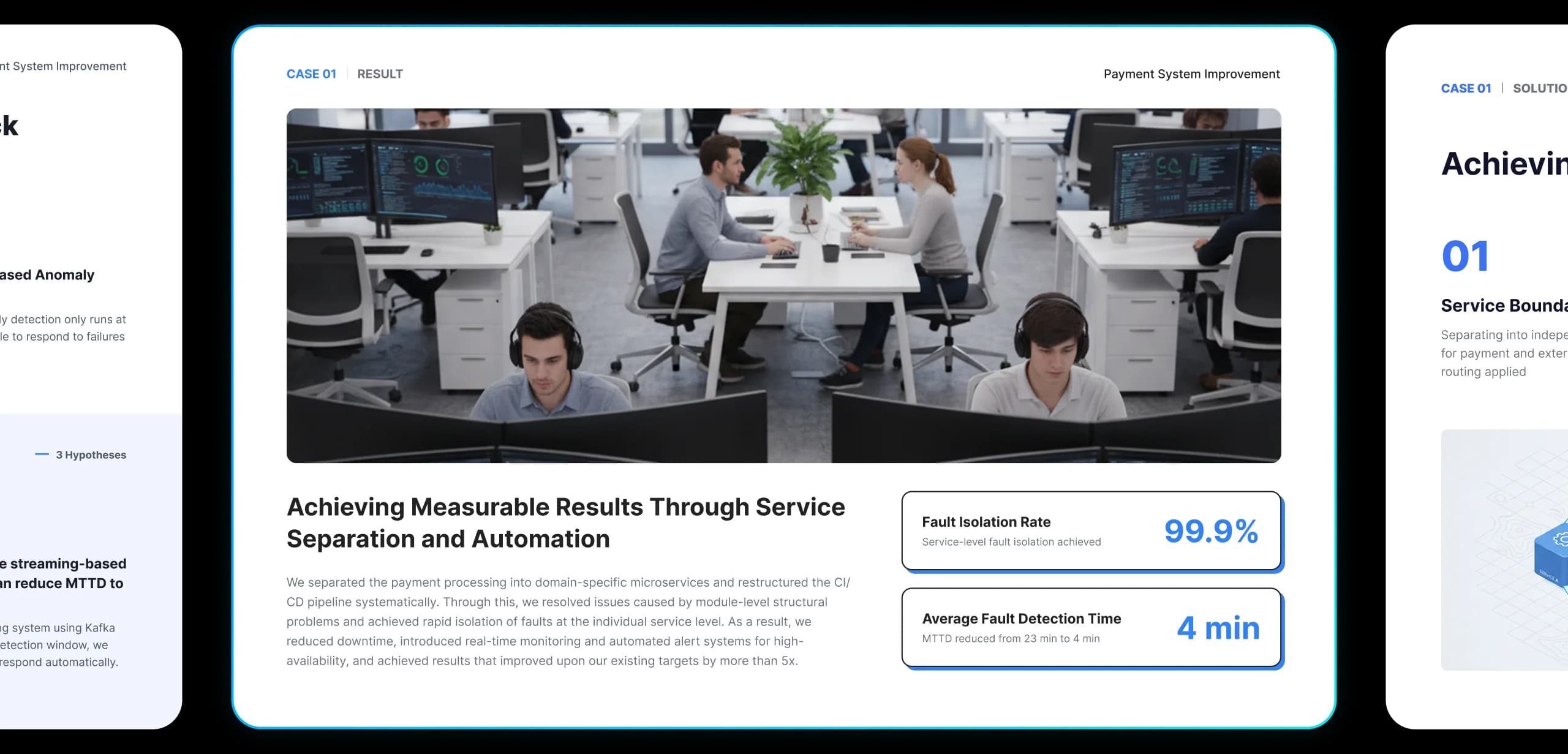 A generated portfolio page: a case study with a headline, summary and two result metrics.