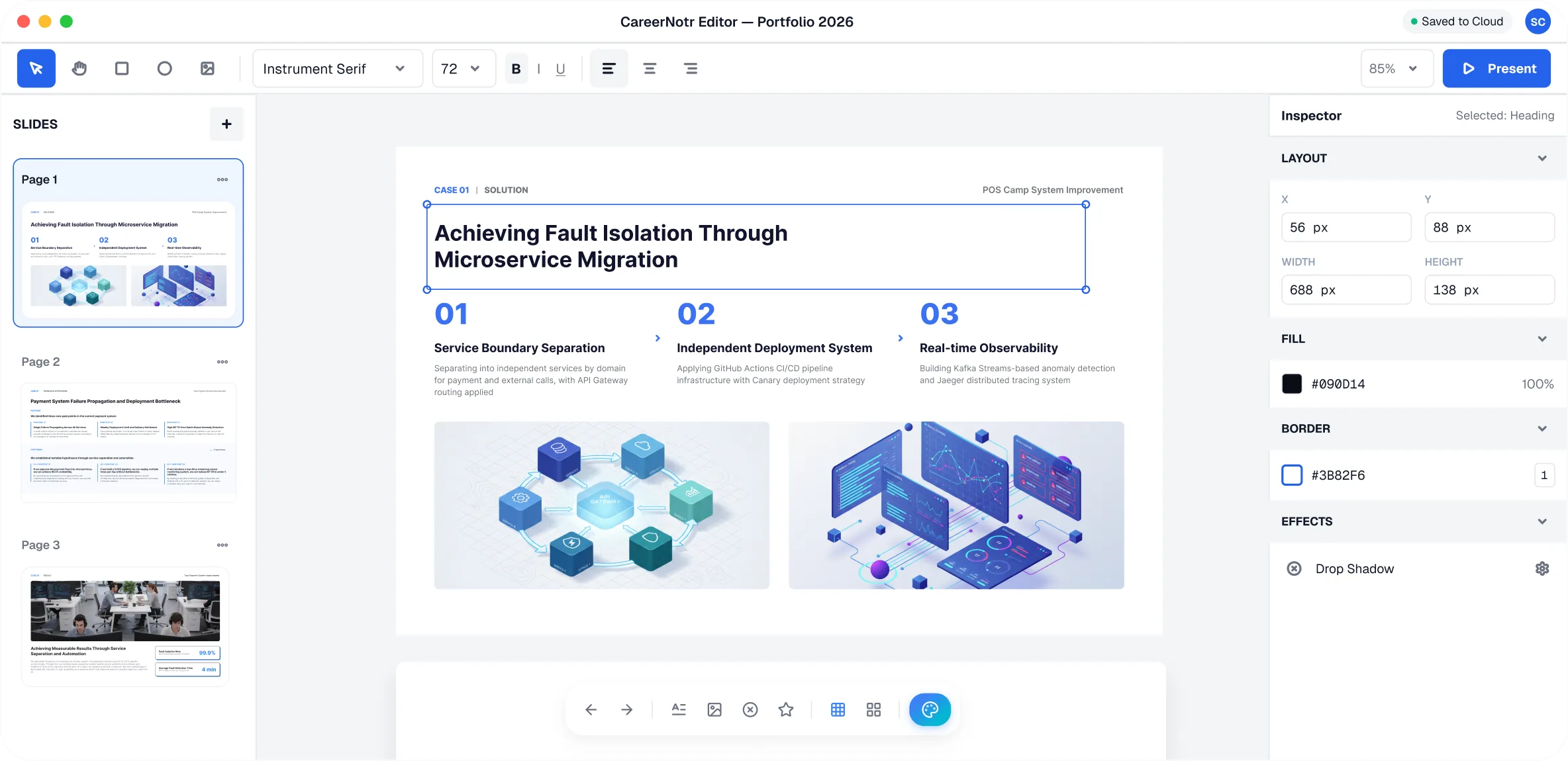 The CareerNote editor: a slide list, a canvas showing a portfolio page, and an inspector panel.