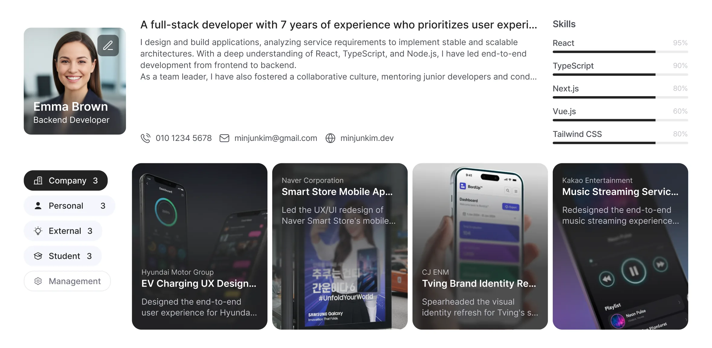 A generated profile: photo, summary, contact details, skill ratings and four project cards.